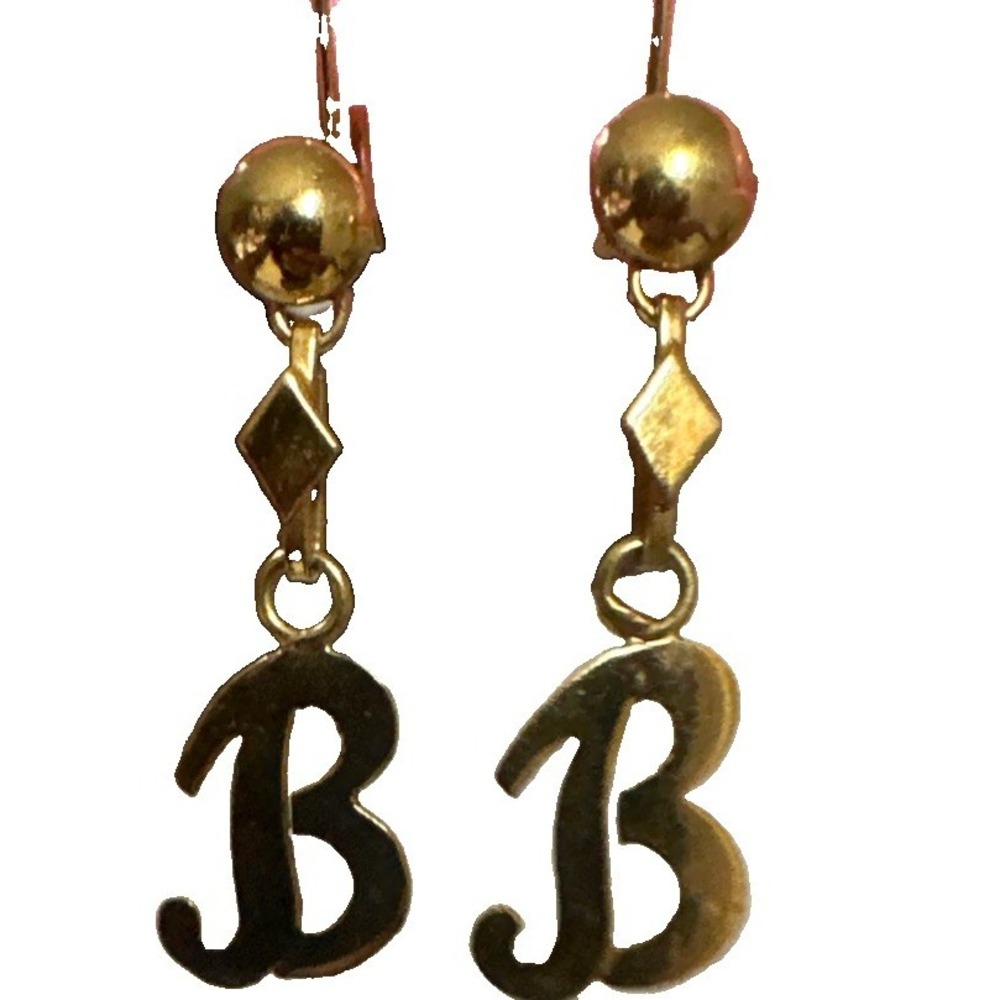 Vintage 12K Gold Cursive Letter B Dangle Earrings, Mid-Century Monogram Jewelry